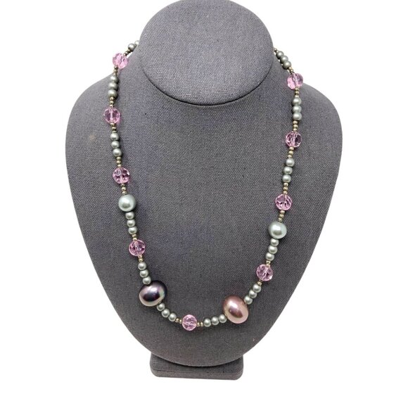 Vintage Pink Gray Faux Pearl Beaded Necklace - Picture 1 of 5